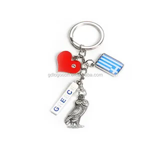 Greek Souvenirs Promotional Key Ring Custom Metal String Keychain Heart, Greece Flag Tag Owl Keychain Mykonos Souvenir