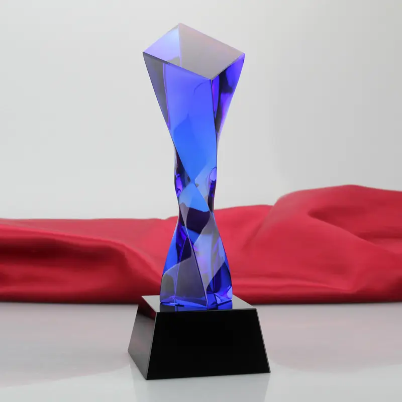 The latest premium series of uniquely designed blue high quality crystal glass trophies can be customized for awards