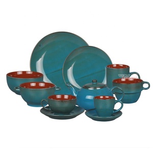 Buona qualità gres reattiva smalto a <span class=keywords><strong>due</strong></span> tonalità di blu <span class=keywords><strong>set</strong></span> di stoviglie ciotole tazze piatti tazza e piattino Teiera Zucchero Ciotola di Crema brocca - Product Image 1