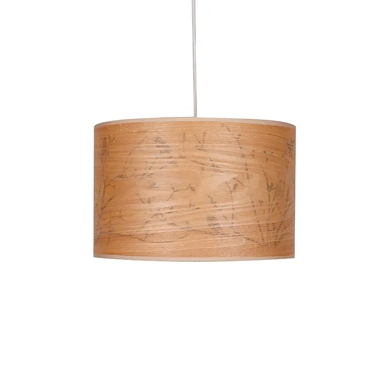 Modern Handmade Cylinder Natural Wood Veneer Pendant Lamp Printed lampshade for Indoor hanging Lighting Decoration