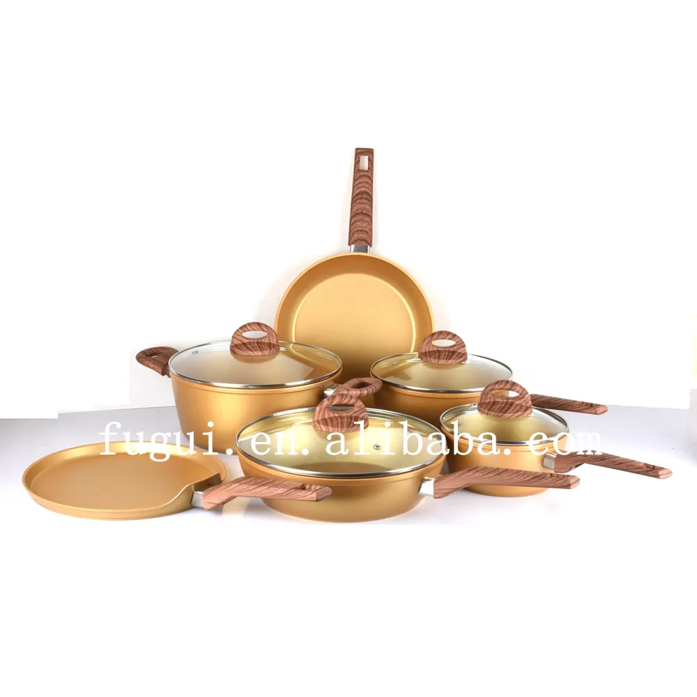 Golden Color Forged Aluminium Nonstick Cookware Set 10pcs with soft touch wood-pattern handle