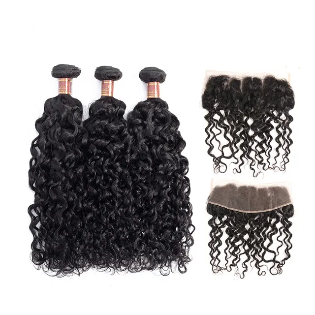 Brazilian Malaysian Curly Weave Hair Water Wave Bundles With Closure Frontal, Indian Water Wave Hair