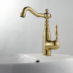 Robinet mélangeur de <span class=keywords><strong>lavabo</strong></span> antique <span class=keywords><strong>doré</strong></span> à long bec pour eau chaude et froide XR-GZ-8104K - Product Image 2