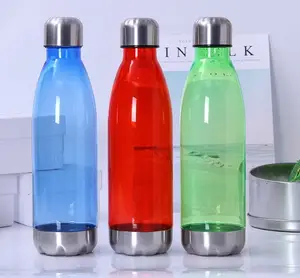 Grosir kustom tren 500-700ml Tritan dinding tunggal plastik bening bentuk Cola botol air dengan tutup logam dan bawah dibuat