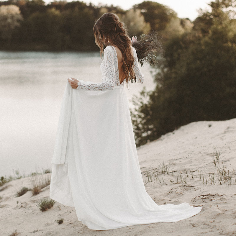 long sleeve boho wedding dress Long Sleeve Boho Flowy Wedding Dress Lace A-Line V-Neck Beach Gown with Split Front and Sweep Train, Diamond White / 6