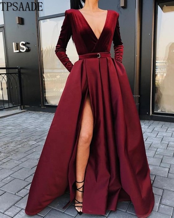 slim fit dress slacks Wine Red Velvet Long Mermaid Wedding Party Dress, Wine Red Prom Dress –  Promfast main image 1