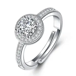高品质批发奢华可调节S925银镀铂金圆形钻石结婚戒指女款