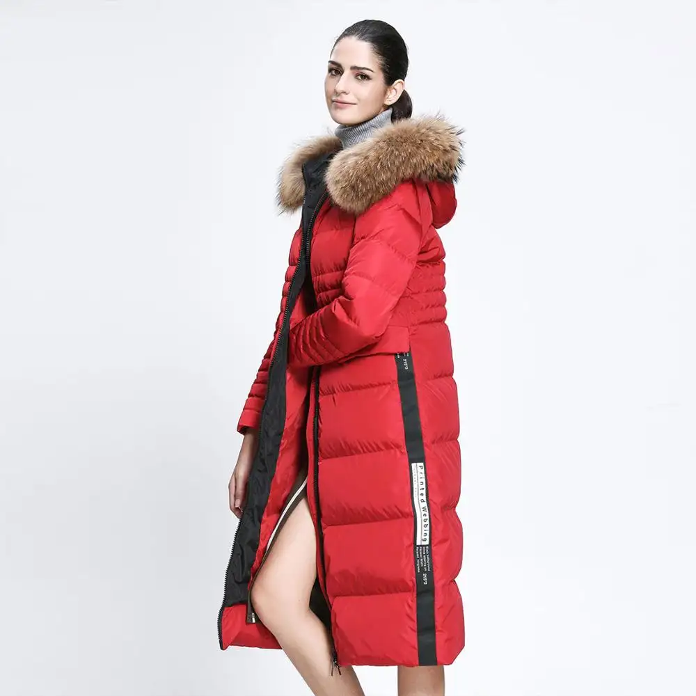 Roupas de inverno vermelhas urbanas, casaco longo para mulheres jaquetas com capuz de pele para mulheres