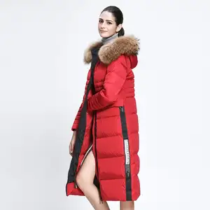Модная красная зимняя одежда, длинное пальто, женские пуховики с меховым капюшоном для дам