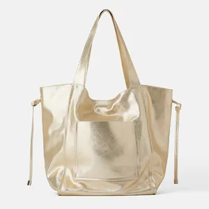 customized fashion metallic golden pu vegan leather woman tote shoulder hobo bag ladies shopper handbag