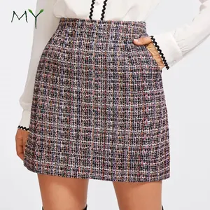 Minifalda clásica de Tweed Multicolor para otoño e invierno, elegante, de cintura alta, a cuadros