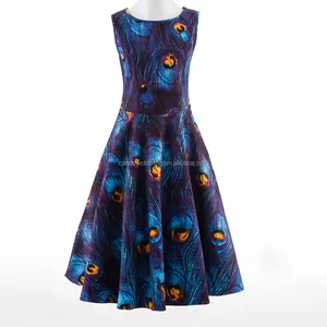 2021 New Women Blue Peacock Printing Plus Size Vintage Swing Dance Dresses