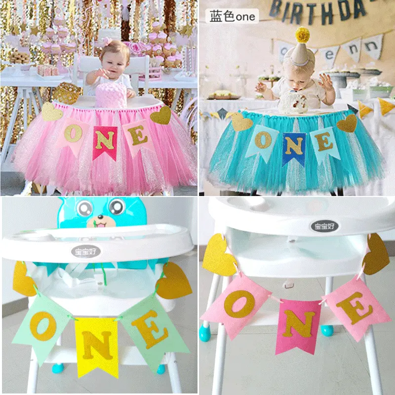 hot selling 1st Birthday Baby Tutu for High Chair Decoration and"ONE" Pennant Happy Birthday for Highchair