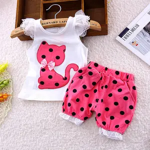 Cute Del Bambino Del Cotone Abiti Disegni Vestiti Appliqued Modello Del Gatto Set di Abbigliamento Per La Ragazza