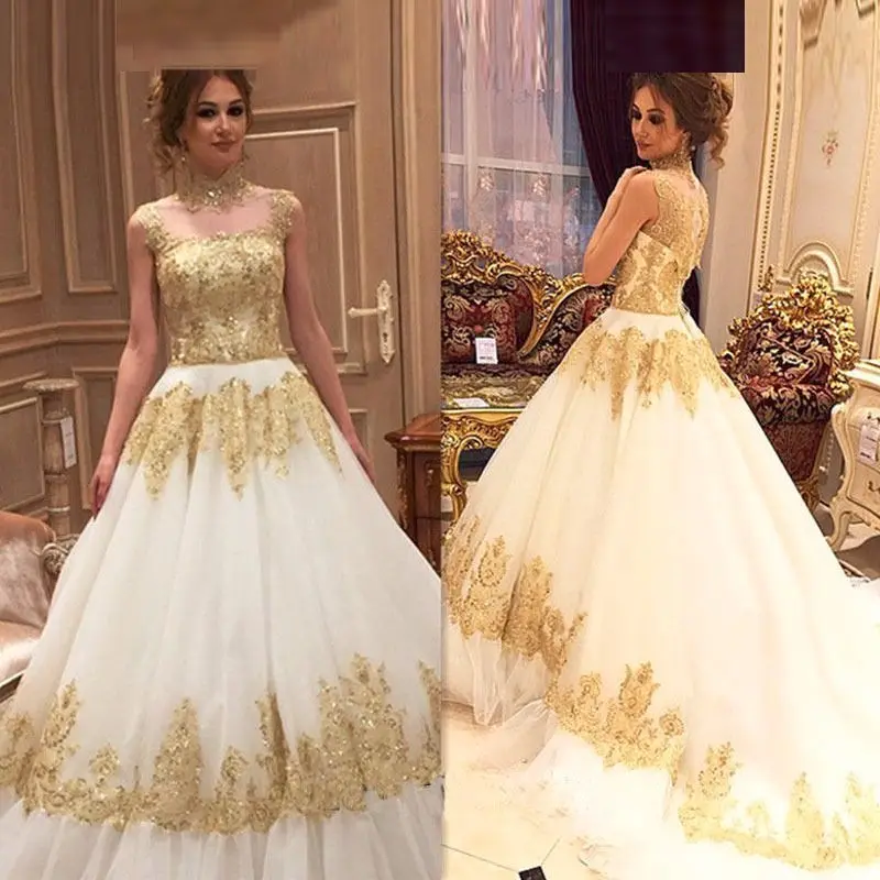 NE112-Vestido De novia con apliques dorados, traje De boda De cuello alto sin mangas, Princesa, cuentas brillantes