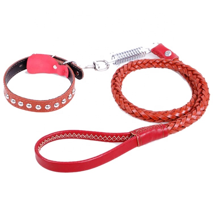 Réglable Doux Rivet En Cuir Tressé de Conception de Laisse Et Collier De Chien De Luxe Ensemble Collier Et Laisse Pour Chien