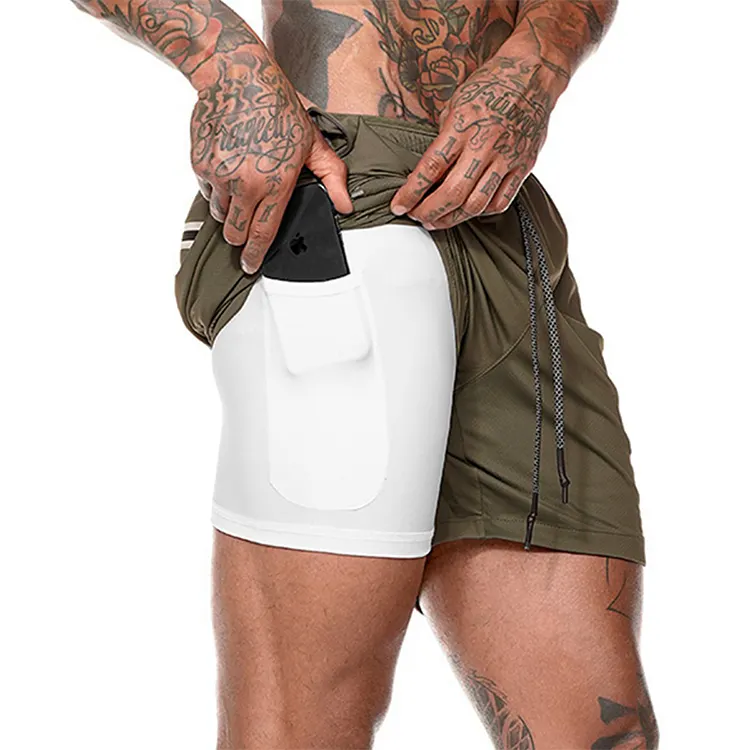 Conjuntos de shorts de secagem rápida, camada dupla, personalizado, masculino, 2 em 1, para atividades esportivas, corrida