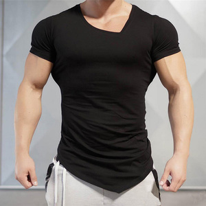 Wholesale Men's <strong>Funny</strong> Plain Muscle Bodybuilding Clothing Irregular Fitness Workout Training Black V-neck Short Sleeve Gym <strong>Tshirt</strong> - Product Image 2