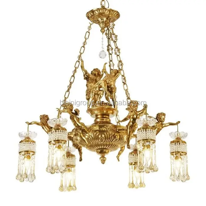 Sechs Lampen Klassischer italienischer goldener geflügelter Engel Kronleuchter aus massivem Messing, antike Cherub Decken-Pendel leuchte BF11-12263b