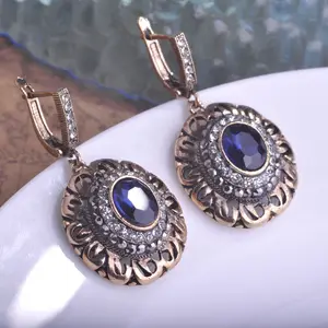 Anting-Anting Batu Bulat Biru Perhiasan Turki Antik Bijuterias Ma Brincos Pingente Anting Besar Putri Kait Telinga