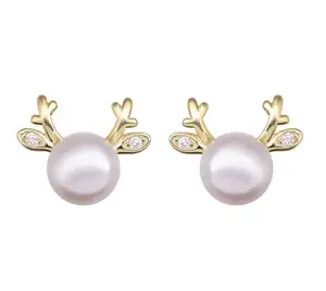 Gold Plated Deer Freshwater Pearl Earrings Silver Christmas Jewelry For Women And Children