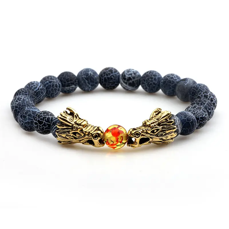 Nuevo de moda de oro cabeza de dragón pulsera curación piedras Stretch Wrap pulsera para hombres y mujeres