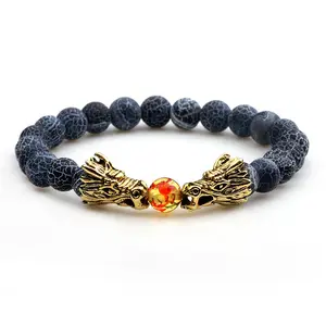 Новый модный золотистый браслет с головой дракона, бусины, лечебные камни, эластичный браслет для мужчин и женщин