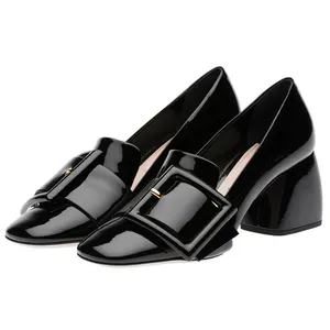 latest design hottest style black color leather high heel women pumps block heels 5 cm shoes