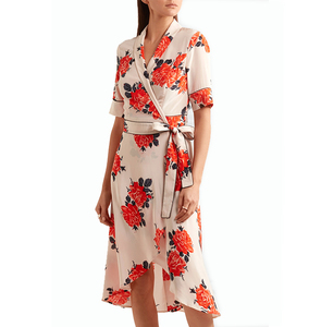 V Neck Banded Women Long Sleeve <strong>Wrap</strong> <strong>Silk</strong> Print <strong>Dress</strong> - Product Image 1