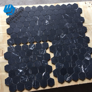Azulejo hexagonal para suelo de baño, decoración del hogar, 2 pulgadas, color negro, estampado de mármol, mosaico de vidrio