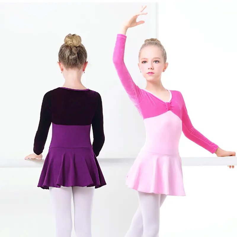 女の子のためのパープルベルベット & コットンバレエダンスドレス
