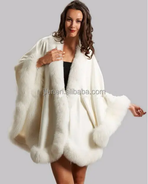 Jubah Kasmir Putih Wanita, Mode Baru Ukuran Besar dengan Hiasan Bulu Rubah Besar