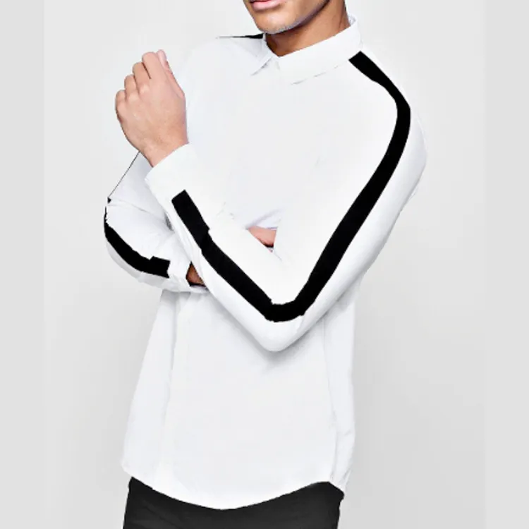 Men's Cotton Polyester Blend Slim Fit Casual White, Black Male with Pattern Long Sleeve Shirt with Sleeve Stripe