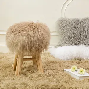 Factory wholesale Yellow color Mongolian Tibetan Sheepskin Fur Stool Pouf Covers