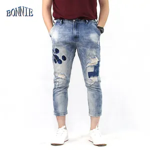 customization embroidery Fashion name brand cotton new style ripped jeans long pent men