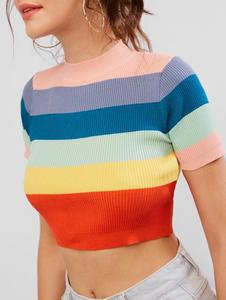 Hot Selling Custom Top Quality Cotton Short Sleeve Fitted <strong>Rainbow</strong> Stripes Crop Top <strong>T</strong> <strong>Shirts</strong> Women - Product Image 2