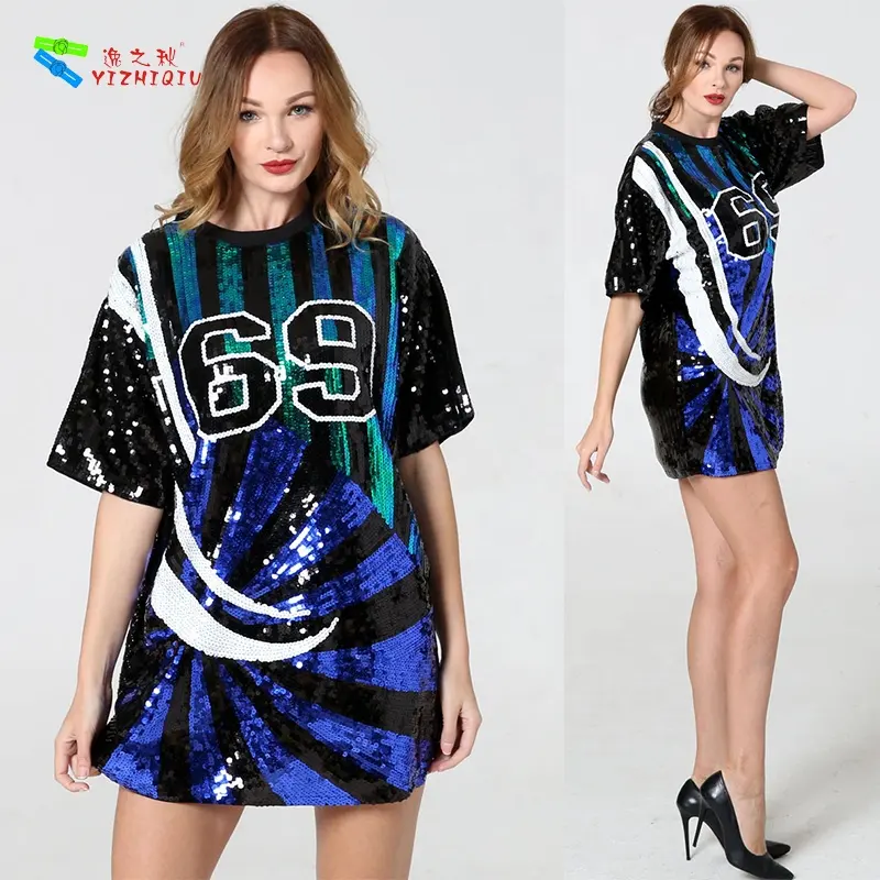 YIZHIQIU 2019 hottest sparkle bling t shirts wholesale sequin t shirt dress with numbers