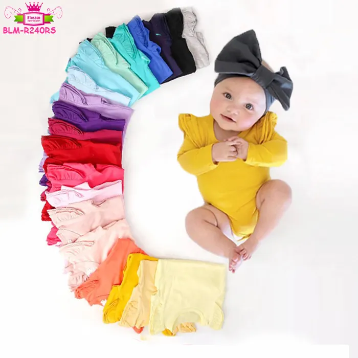 2019 Wholesale Solid Color 3 Layers Triple Ruffle Baby Futter Sleeve Onesie Bodysuit Baby Girls Long Flutter Sleeve Romper