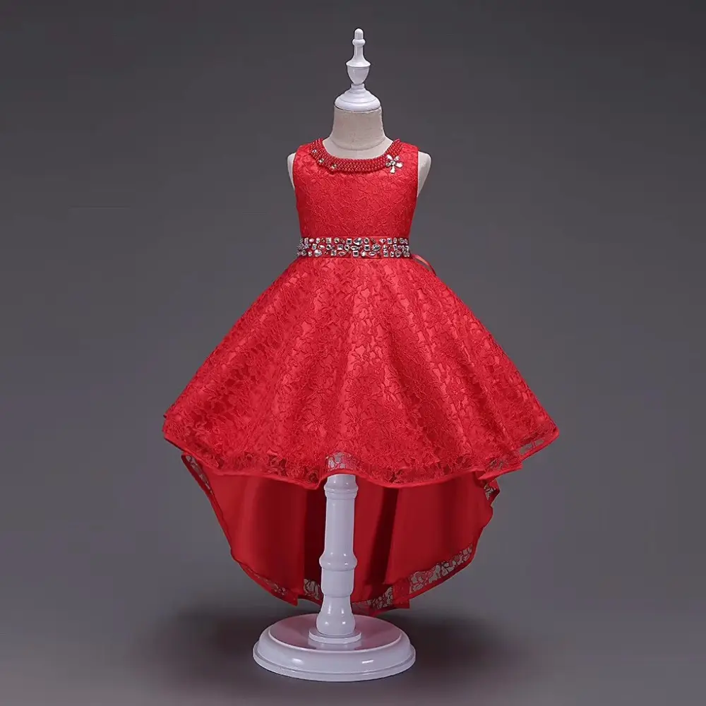 ロングテールの子供女の子赤いフロントショートとロングバックのウェディングドレス