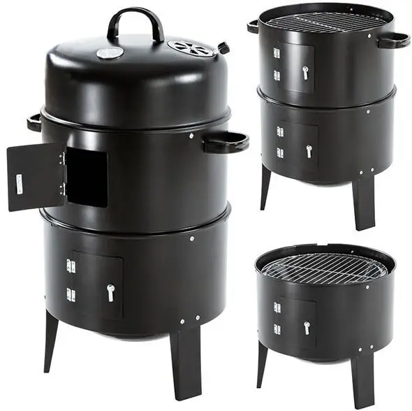 Probe verfügbar 3 in 1 tragbare Outdoor 3 Schichten BBQ Vertical Barrel Smoke less Charcoal Bbq Grills Raucher mit Thermometer