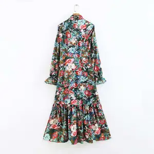 Good quality neck bow tie design print floral maxi dress long sleeve fashion clothing