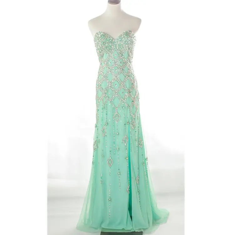 Formal party skirt crystal beaded elegant long green gown evening dresses