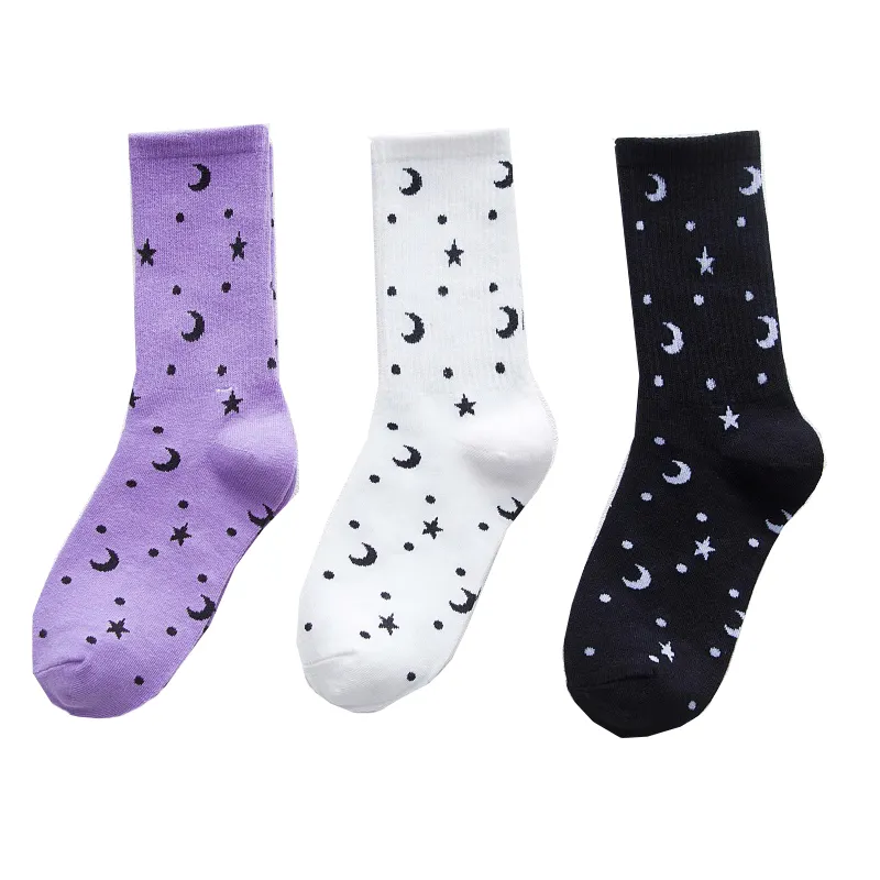Wholesale Custom Lovely Cute Elite Patterned Girl Purple Fancy Socks Cotton Lady Star Moon Mid-tube Socks
