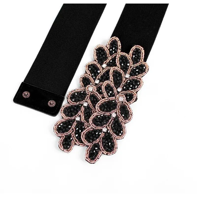 Cinturón de lujo con cuentas de diamantes de imitación para mujer, faja elástica, ancha, hecha a mano, elegante, color negro, bg-064