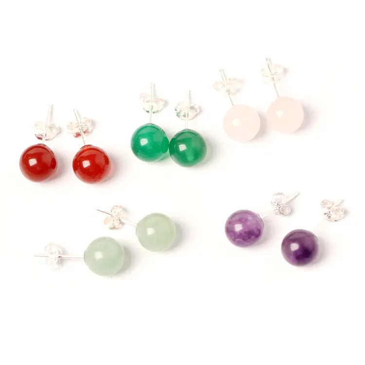 8Mm Diverse Halfedelstenen Oorbellen Met 925 Sterling Zilveren Stud Roze Kwarts Groene Jade Carneool Oorbellen