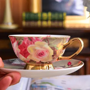 세라믹 꽃 커피 컵 접시 세트 200ml 뼈 중국 차 컵 접시