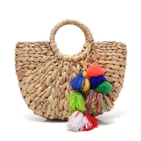 Novo estilo de cesta de crochê sacos de praia sacos de banjara bolsas de palha praia saco da praia do verão por atacado pompom