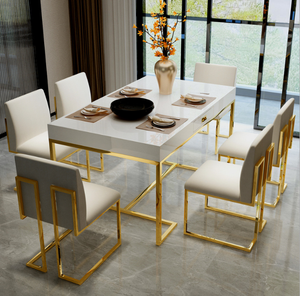 Mesa de comedor de mármol y madera, Marco clásico de acero inoxidable, alto brillo, 6 sillas, juego de muebles - Product Image 4
