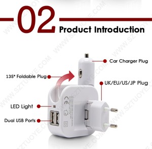 Adaptateur mural de voyage 2-en-1 avec chargeur de voiture USB double port et prise CA pliable - Product Image 5