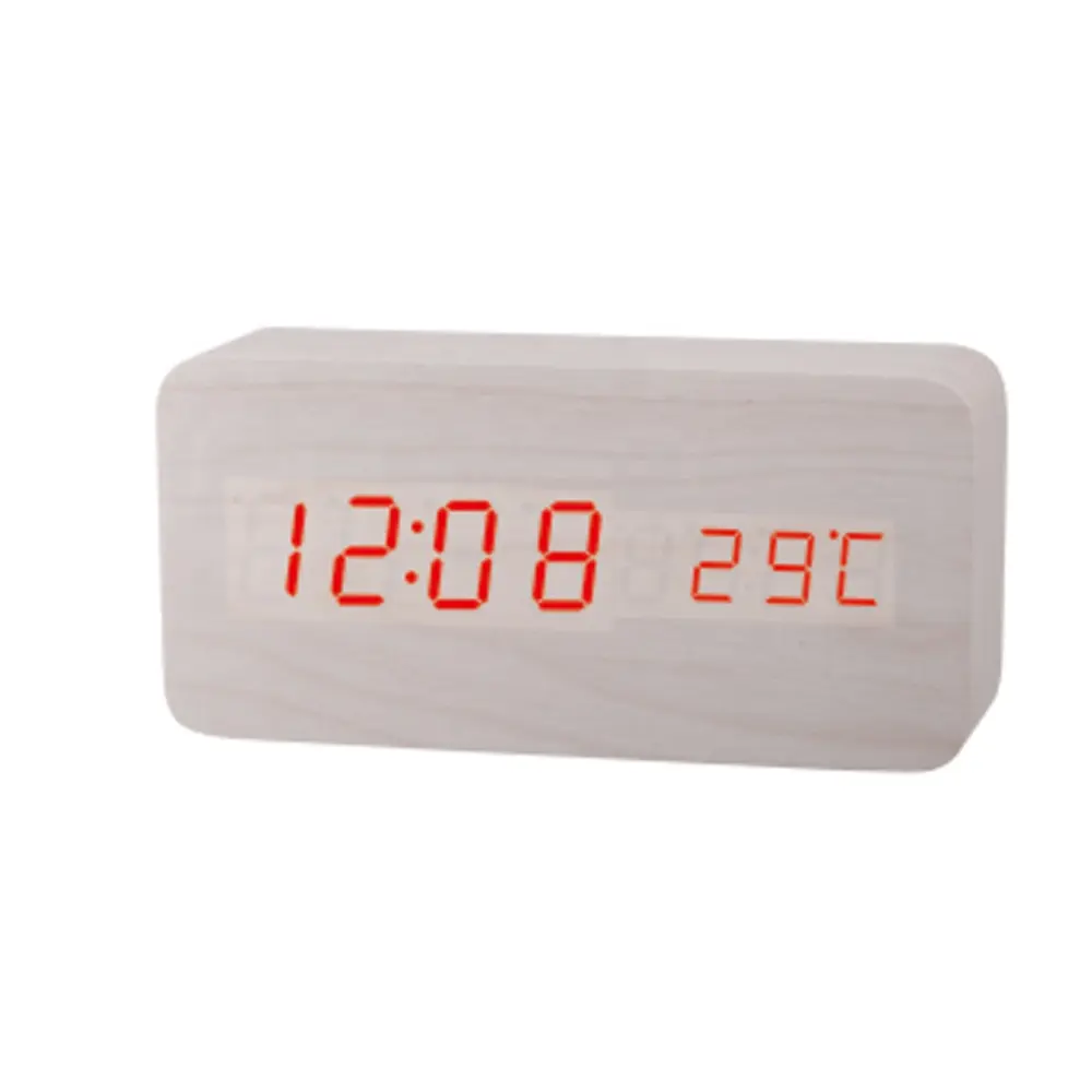 Wood Digital Alarm Clock, Led Time Display Wooden Digital Desk Clock with 6 Level Warm Brightness, Temperature, Humidity